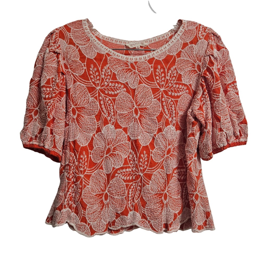 Solitaire Top Womens M Orange Floral Embroidered Puff Sleeve Scalloped Hem Boho